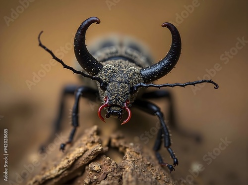 Macro Shot of Horned Passalus Beetle on Earthy Ground photo