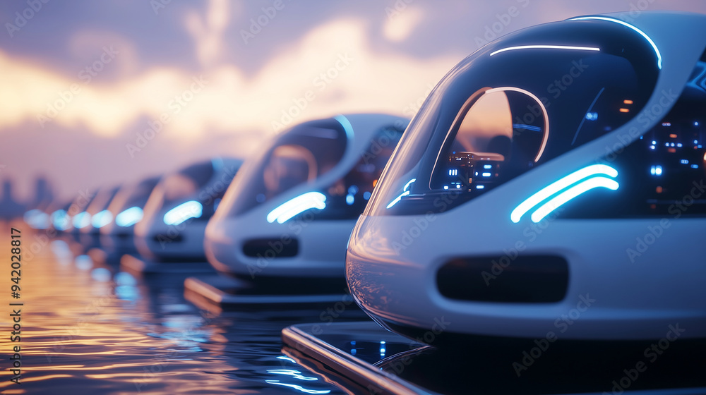 Obraz premium Flying cars lined up like taxis, picking up passengers from a floating platform, showing the convenience and efficiency of future public transportation. Service, Convenience, Urban