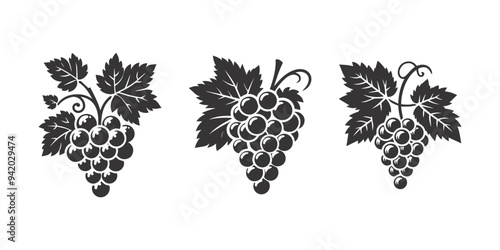 Bunch of grapes with leaf, vector illustration, line art, icon.