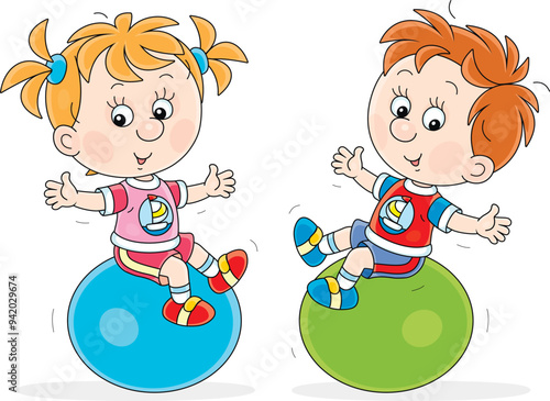 Cheerful little boy and girl in colorful sport clothes doing exercises with big fitness balls in a gymnastics class of primary school, vector cartoon illustration isolated on a white background