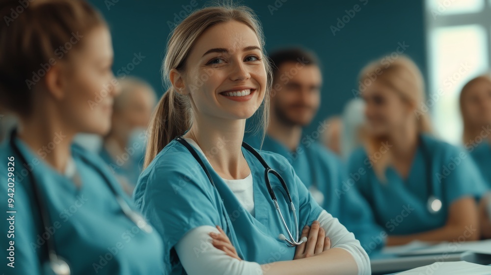 Smiling Nurse and Doctor Group in Hospital Education – Positive and Relaxed Atmosphere Smiling Nurse and Doctor Group in Hospital Education – Positive and Relaxed Atmosphere