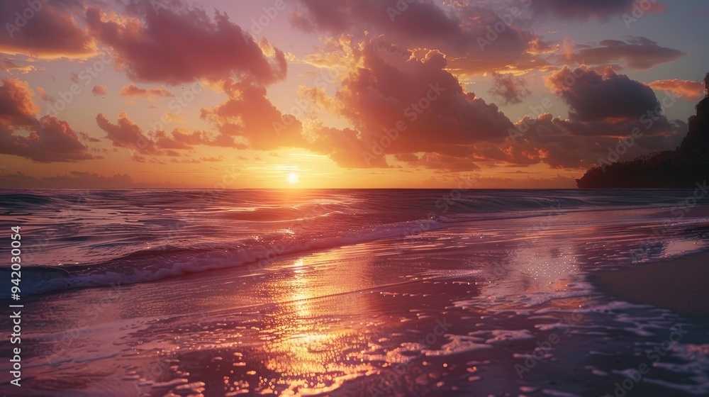 Cinematic still of a sunset on the beach, capturing the serene and peaceful atmosphere with vibrant colors and soft light. Cinematic still of a sunset on the beach, capturing the serene and peaceful atmosphere with vibrant colors and soft light.