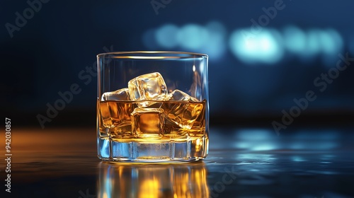 A glass of whisky with ice glistens on a wooden table, evoking relaxation in a serene setting.