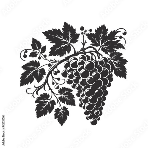Bunch of grapes with leaf, vector illustration, line art, icon.