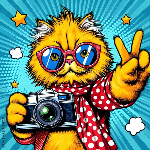 cartoon cat with glasses taking picture photo