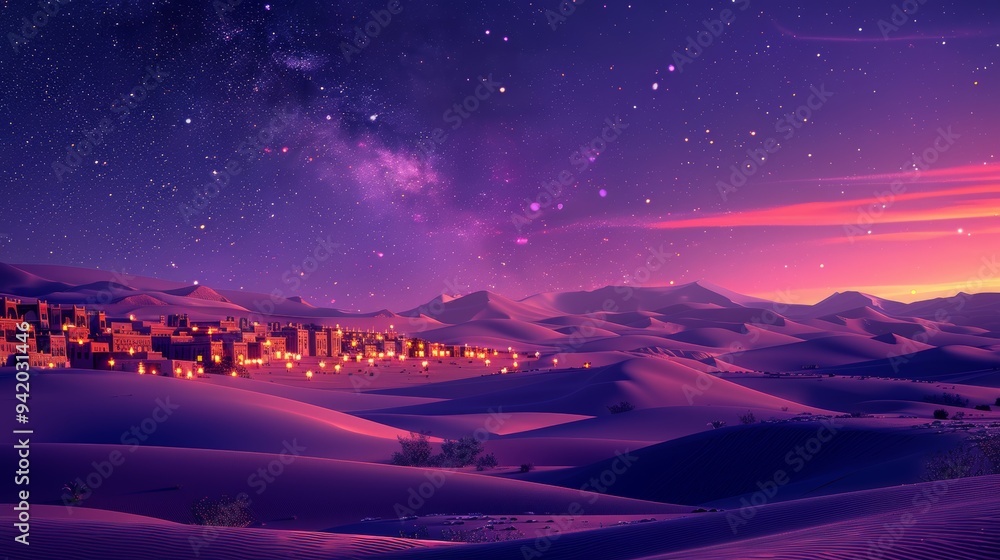 Desert Background at Night with Purple Gradient Sky, Sand, Lamps, and Romantic Candlelight for a Magical Atmosphere Desert Background at Night with Purple Gradient Sky, Sand, Lamps, and Romantic Candlelight for a Magical Atmosphere