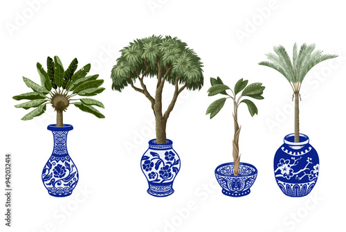 Seamless pattern with Chinese blue vases and trees. Vector.