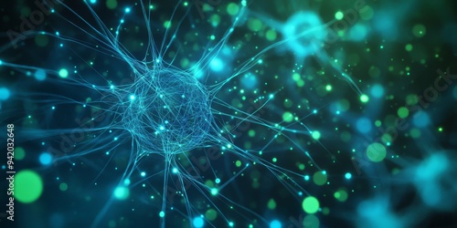 Visual representation of a neural network in motion, glowing with blue and green light, complex web of nodes and connections expanding outward