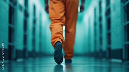 A person dressed in orange prison attire walking down a dimly lit hallway in a correctional facility, captured from behind, with a sense of solitude. photo