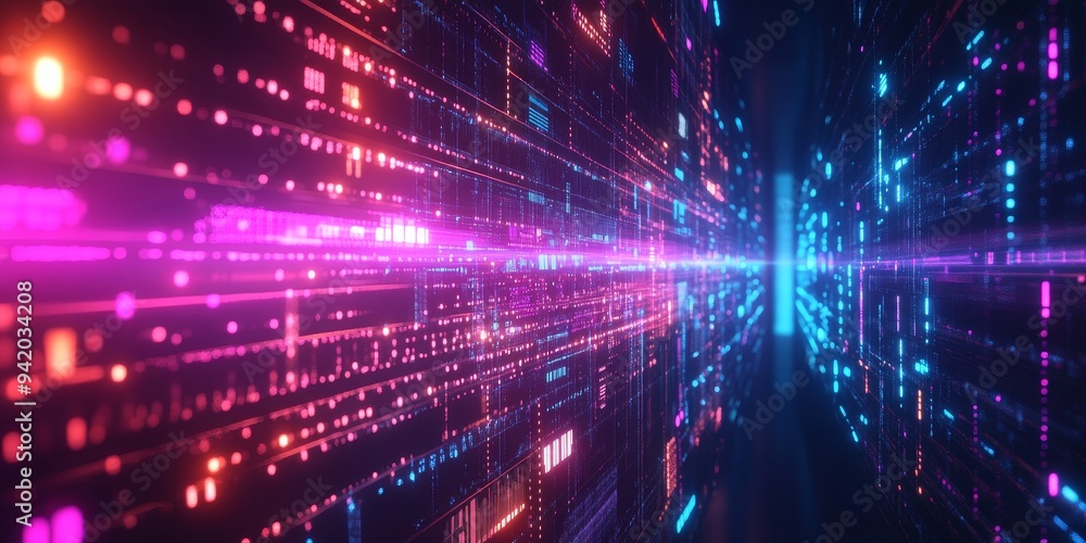 Fototapeta premium A glowing firewall protecting data streams, represented as bright neon lights flowing through a cyber network in a dark digital world