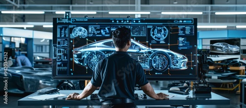 Rear view of an engineer working on a high-tech touchscreen analyzing a 3D model of a car. Advanced automotive design studio with futuristic technology and detailed graphical schematics.