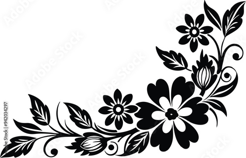 flowers corner decoration illustratilon black and white