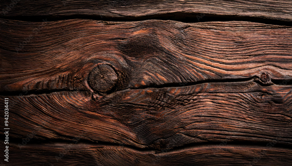 A close-up of a weathered wooden plank with visible grain, knots, and cracks A close-up of a weathered wooden plank with visible grain, knots, and cracks