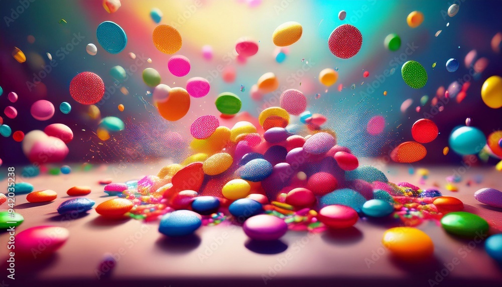 round candies of different colors scattered on the table and flying all over the photo on a bright background
round candies of different colors scattered on the table and flying all over the photo on a bright background