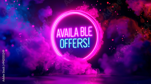 Available Offers! neon text with glitch and motion blur background. Available Offers! neon design for digital games.