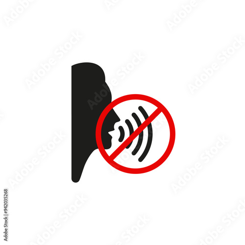 No talk. Keep silence and observe silence. Crossed out symbol with person and voice. 