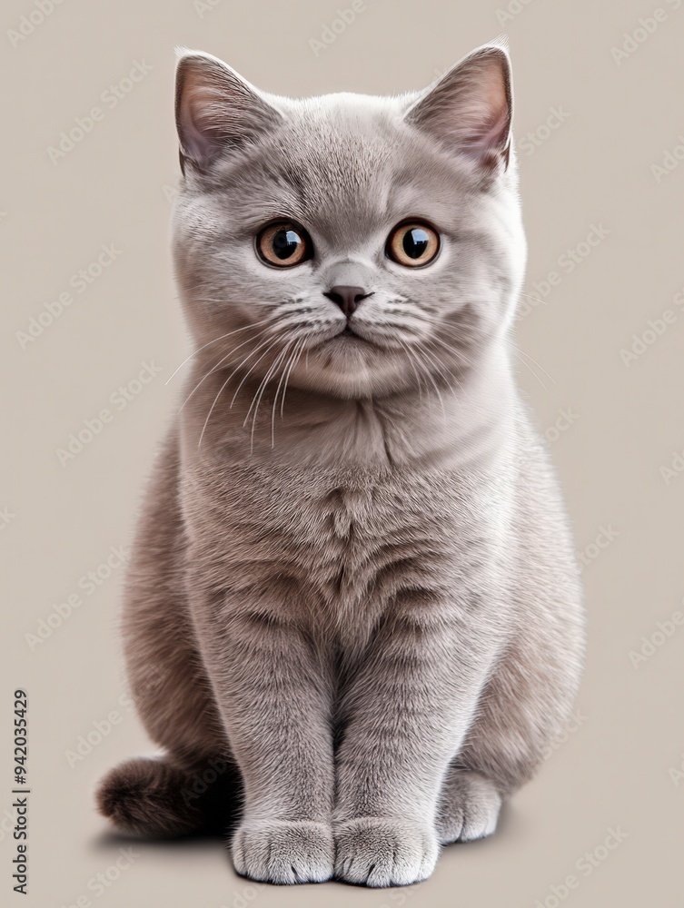 Obraz premium A cute gray kitten with large eyes sitting calmly.