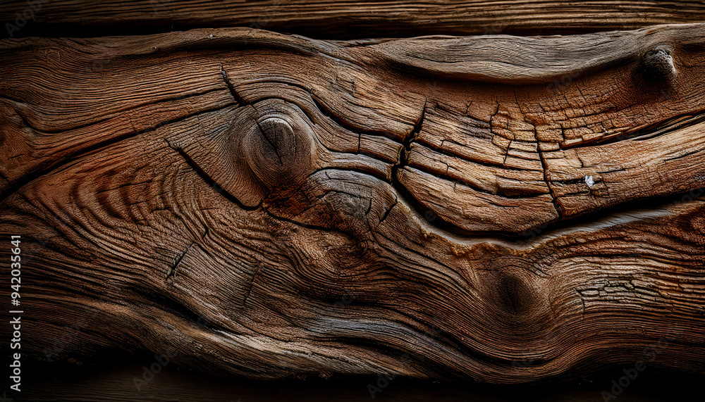 A close-up of a weathered wooden plank with visible grain, knots, and cracks A close-up of a weathered wooden plank with visible grain, knots, and cracks