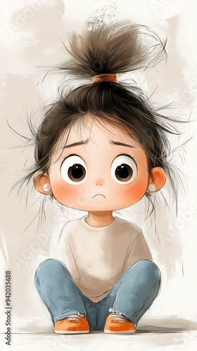 drawing girl ponytail sitting ground circles under bemused eyes silly cartoon bed worried fighting aggression hello melting young