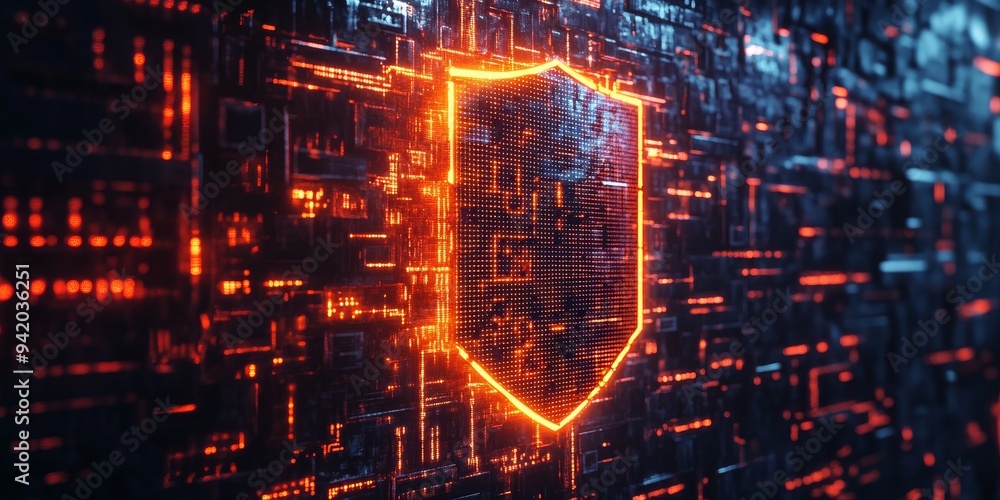 Digital shield with complex matrix codes, glowing in a dark, techy environment, with layers of encrypted data flowing around it Digital shield with complex matrix codes, glowing in a dark, techy environment, with layers of encrypted data flowing around it