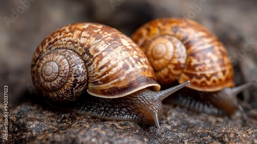 Two brown and tan garden snails with distinct shell patterns are pictured crawling on a rocky surface, showcasing their textured shells and slow movement. photo