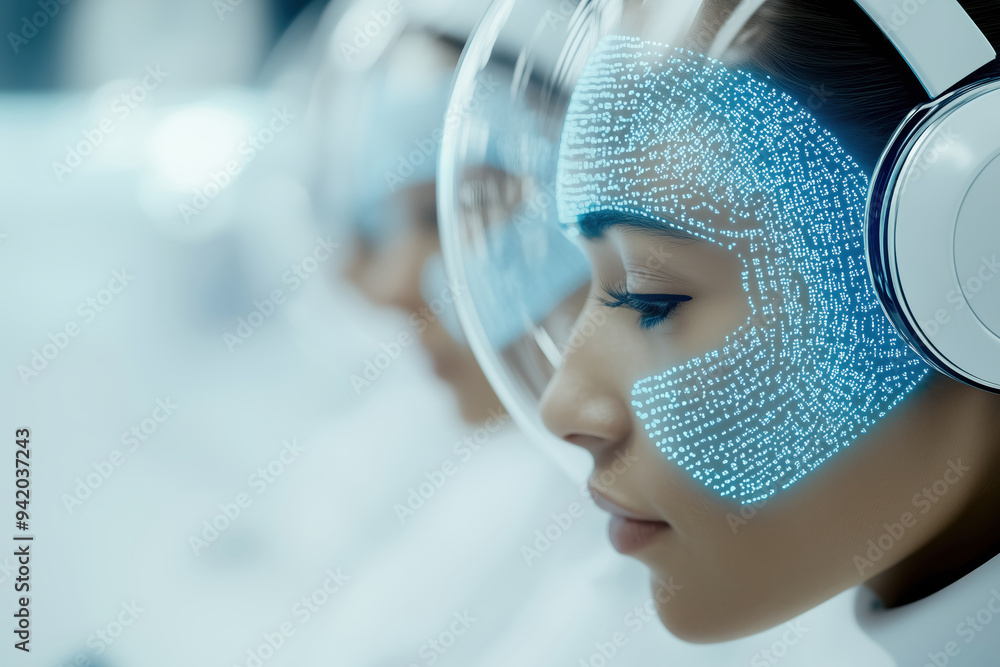 Digital Faces of Futuristic AI Operators in Advanced Headgear with Data Projections Digital Faces of Futuristic AI Operators in Advanced Headgear with Data Projections