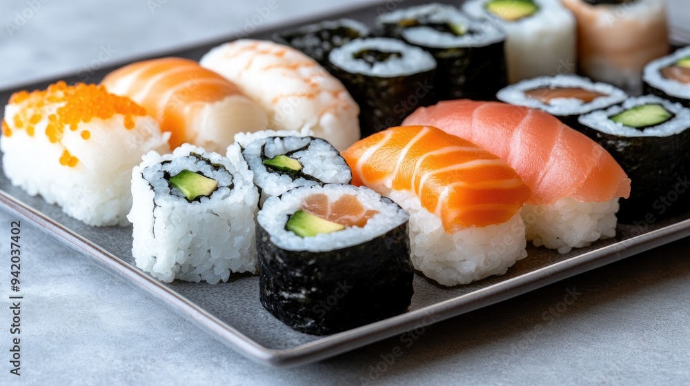 A beautifully arranged platter showcases a variety of sushi and sashimi, highlighting fresh colors and textures in an elegant presentation with soft shadows and cinematic lighting A beautifully arranged platter showcases a variety of sushi and sashimi, highlighting fresh colors and textures in an elegant presentation with soft shadows and cinematic lighting