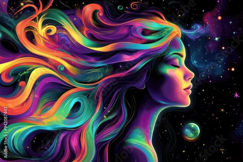 beautiful woman with long hair, vector graphics, bright colors, on black background, dreamy mood, psychedelic style Generative AI