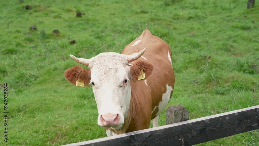 A brown and white cow walking towards the camera in a lush green meadow, surrounded by trees. The image captures the tranquility of rural life and farm animals. High quality 4k footage A brown and white cow walking towards the camera in a lush green meadow, surrounded by trees. The image captures the tranquility of rural life and farm animals. High quality 4k footage
