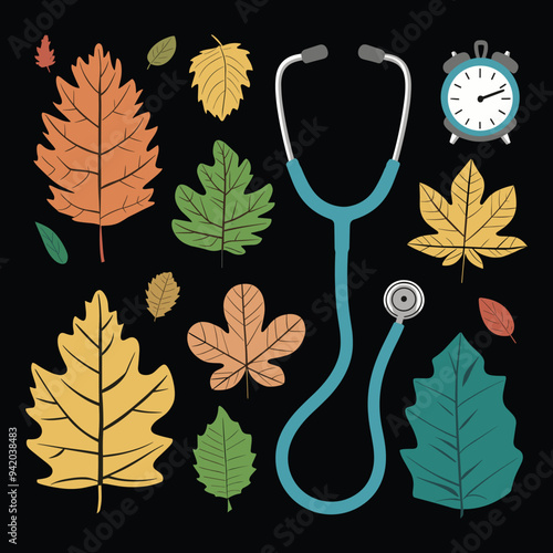 Autumn Leaves and Medical Stethoscope Illustration on Black Background