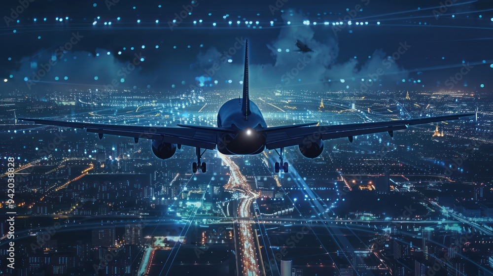 Airplane Landing over a City at Night Airplane Landing over a City at Night