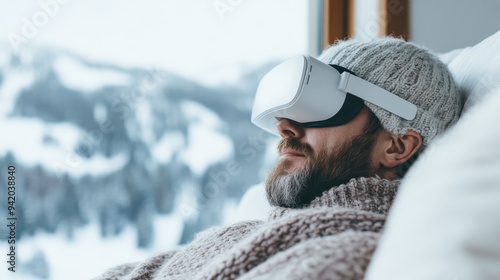 An individual relaxes indoors, immersed in a virtual reality experience using a VR headset, showcasing modern technology and virtual escapism against a snowy backdrop. photo