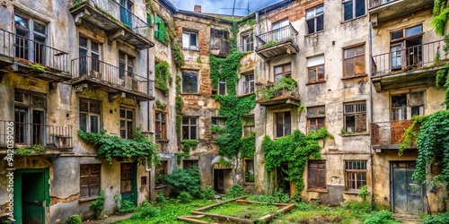 Run-down, neglected apartment building with broken windows, overgrown courtyard, and crumbling walls, symbolizing urban decay and substandard living conditions. photo