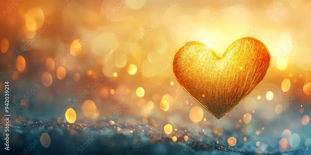 Glowing golden heart radiating warmth and light, surrounded by soft bokeh sparkles and gentle pastel-colored clouds, symbolizing pure happiness Glowing golden heart radiating warmth and light, surrounded by soft bokeh sparkles and gentle pastel-colored clouds, symbolizing pure happiness