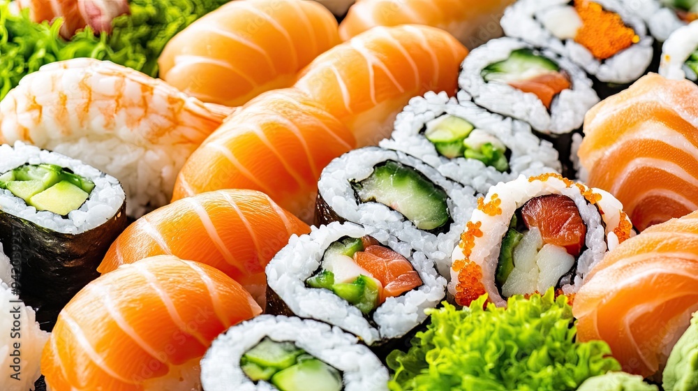 A beautifully arranged platter showcases a variety of sushi and sashimi, highlighting fresh colors and textures in an elegant presentation with soft shadows and cinematic lighting A beautifully arranged platter showcases a variety of sushi and sashimi, highlighting fresh colors and textures in an elegant presentation with soft shadows and cinematic lighting