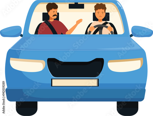 Driving instructor is guiding his student during a driving lesson in a blue car