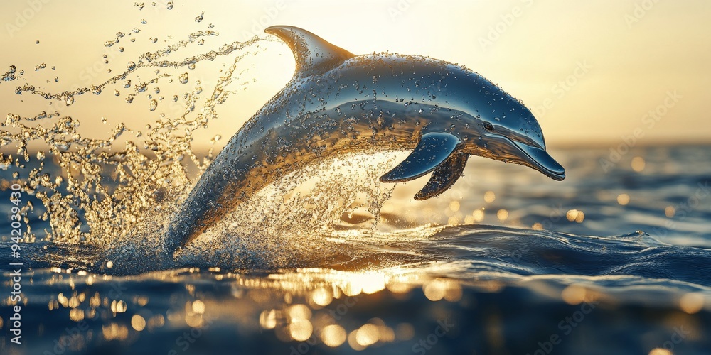 Fototapeta premium Dynamic close-up of a dolphin leaping from the water, sculpted entirely from transparent water splashes, glistening in the sunlight