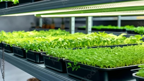 Wide-angle view of a contemporary indoor farm with shelves of vibrant sunflower, lentil, and pea microgreens.