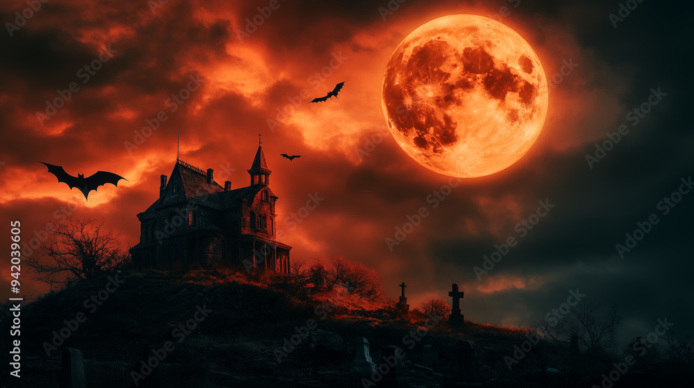 Halloween-themed scene depicting a haunted house atop a hill, surrounded by a misty graveyard.Red sky. Halloween-themed scene depicting a haunted house atop a hill, surrounded by a misty graveyard.Red sky.