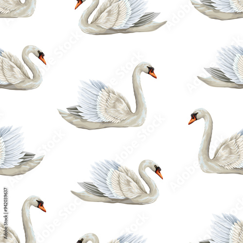 Seamless pattern with white swan. Vector.
