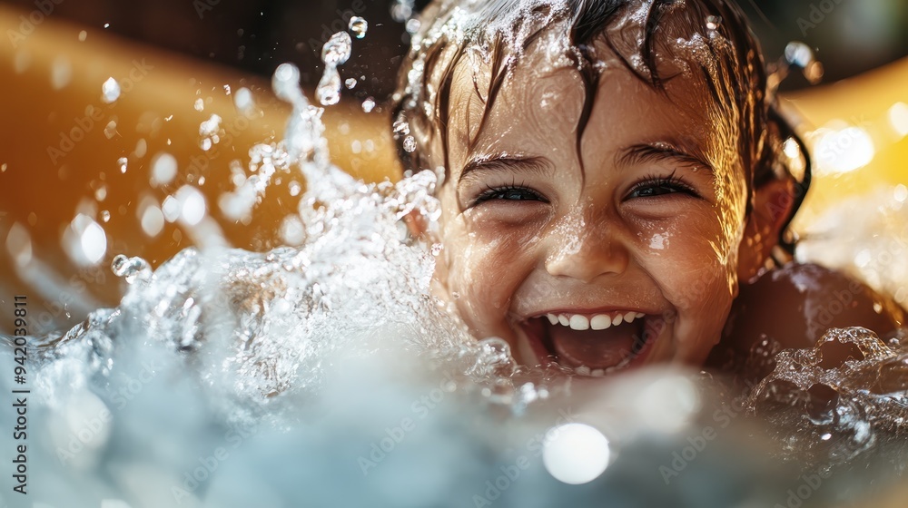 A child's face filled with delight and joy while splashing water, capturing a carefree moment in a bright, lively scene with water droplets and pure childhood excitement. A child's face filled with delight and joy while splashing water, capturing a carefree moment in a bright, lively scene with water droplets and pure childhood excitement.