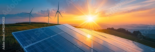 A panoramic view of a solar panel field at sunset, with wind turbines in the background, symbolizing clean energy, renewable resources, sustainable living, environmental conservation, and technologica photo