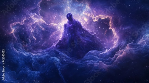 A godlike figure with a flowing robe, surrounded by spirits in a cosmic landscape, symbolizing the unity of the universe, Surrealism, Deep blues and purples, Starry background photo