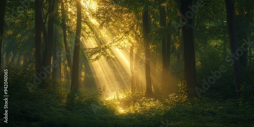 Peaceful sanctuary in the middle of a forest, glowing soft light filters through the trees, symbolizing a calm and safe zone amidst nature