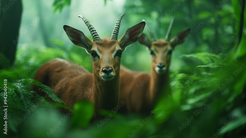 Naklejka premium Saola's Early Morning Encounter, Subtly Lit by Dawn, Showcasing Conservation Needs, Great for Environmental Campaigns