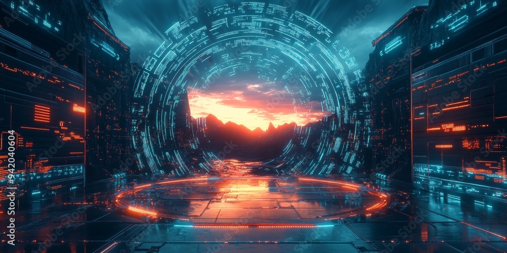 A futuristic safe zone with glowing digital walls, intricate security patterns surrounding a calm, serene landscape in the center A futuristic safe zone with glowing digital walls, intricate security patterns surrounding a calm, serene landscape in the center