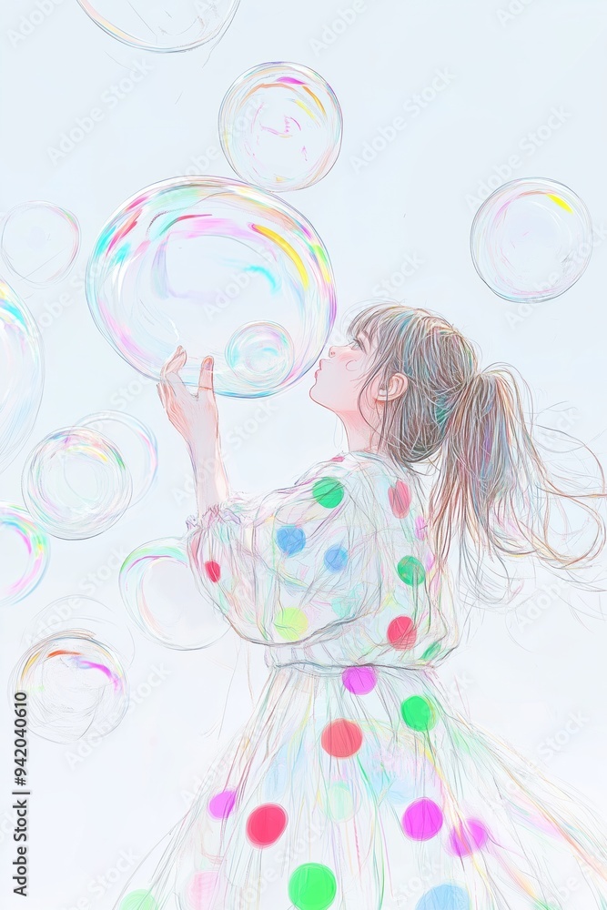 Girl Blowing Bubbles in Polka Dot Dress - Whimsical and Joyful Illustration Girl Blowing Bubbles in Polka Dot Dress - Whimsical and Joyful Illustration