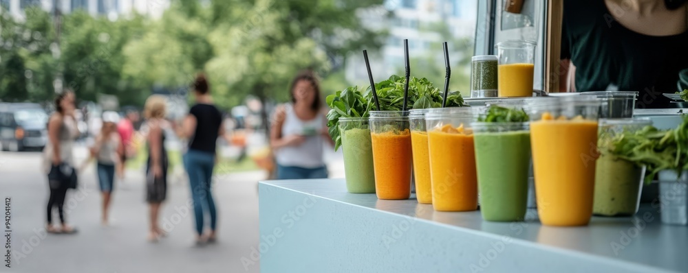 Food truck in a busy city park, serving fresh smoothies and salads, healthy living, urban oasis Food truck in a busy city park, serving fresh smoothies and salads, healthy living, urban oasis
