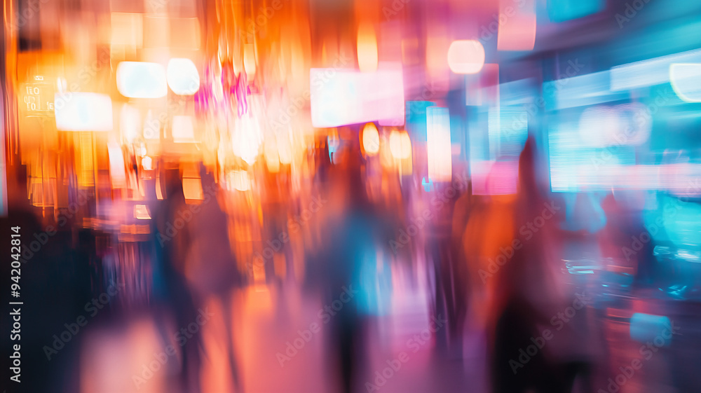 Fototapeta premium Dreamy abstract bustling nightclub with colorful neon lights and dancing crowd