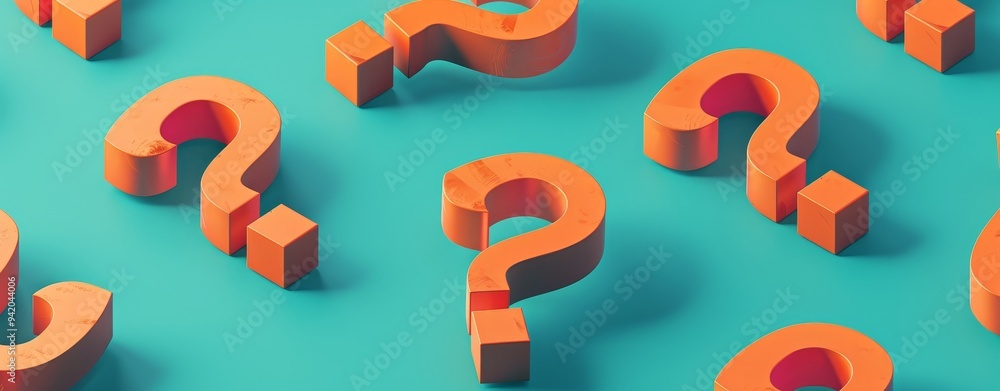 3D Isometric Orange Question Marks on Teal Background: Minimalistic Style, 64:25 Aspect Ratio 3D Isometric Orange Question Marks on Teal Background: Minimalistic Style, 64:25 Aspect Ratio